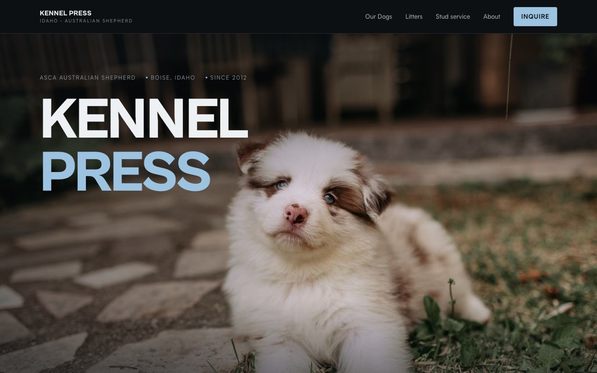 A breeder website on the Showcase template, on a laptop