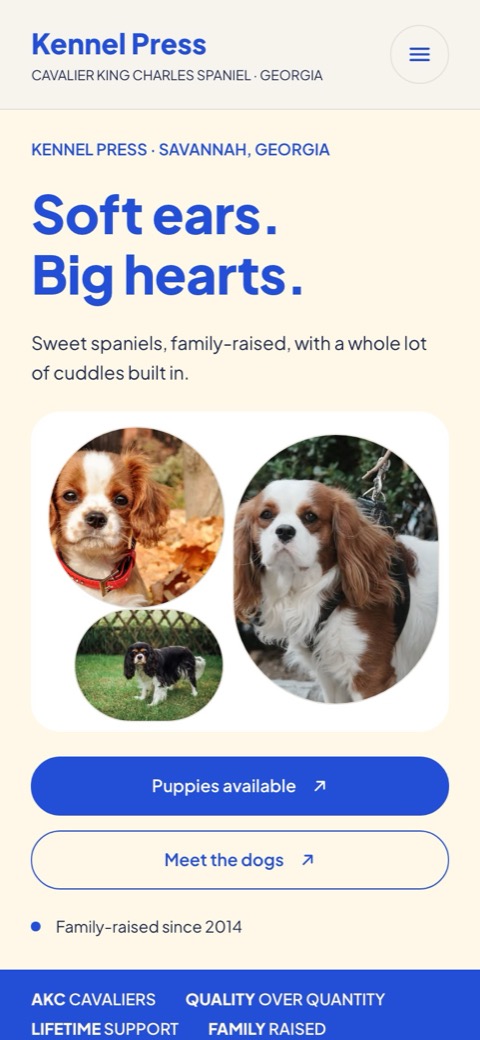 A breeder website on the Happy Pack template, on a phone